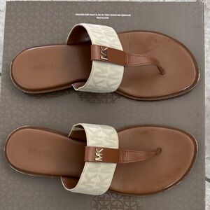 Michael Kors Brown Leather & Beige Signature  Thong Sandals
